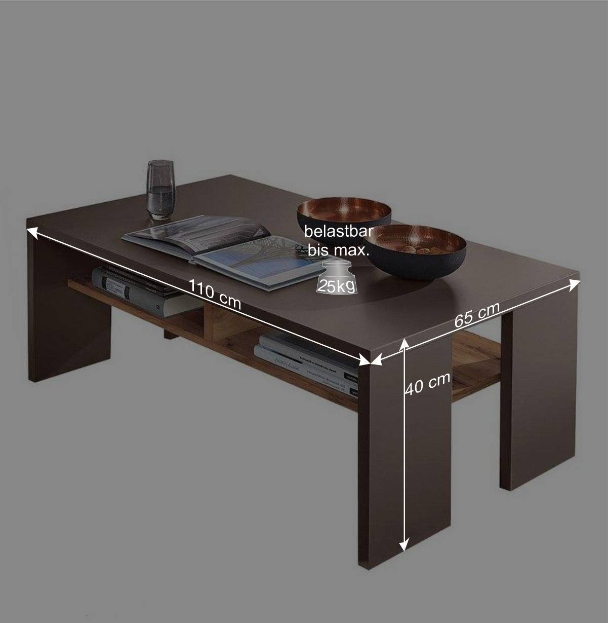 Couchtisch mit Ablagen in Grau & Eiche - Fraguca
