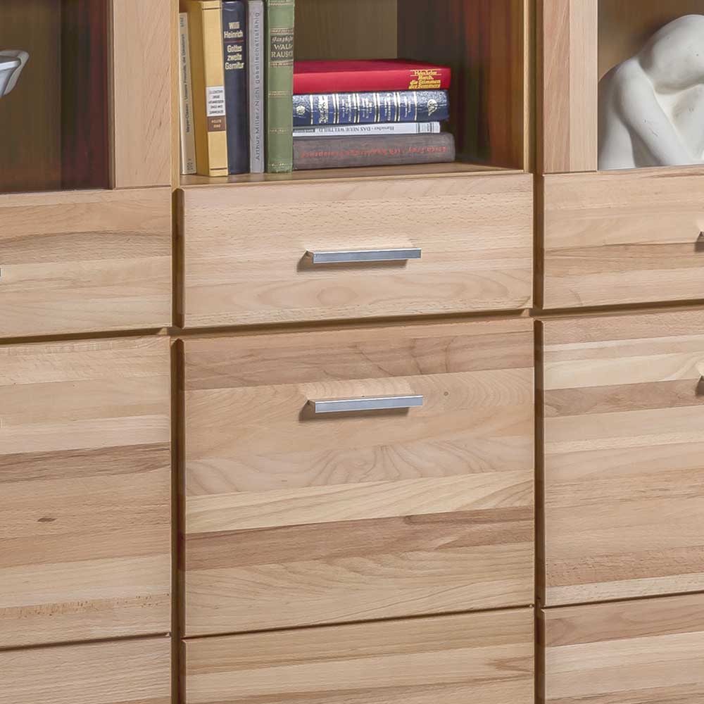 Offene Nische und zwei Schubladen des Kernbuche Highboards Uhelia, helle Holzoptik – Uhelia