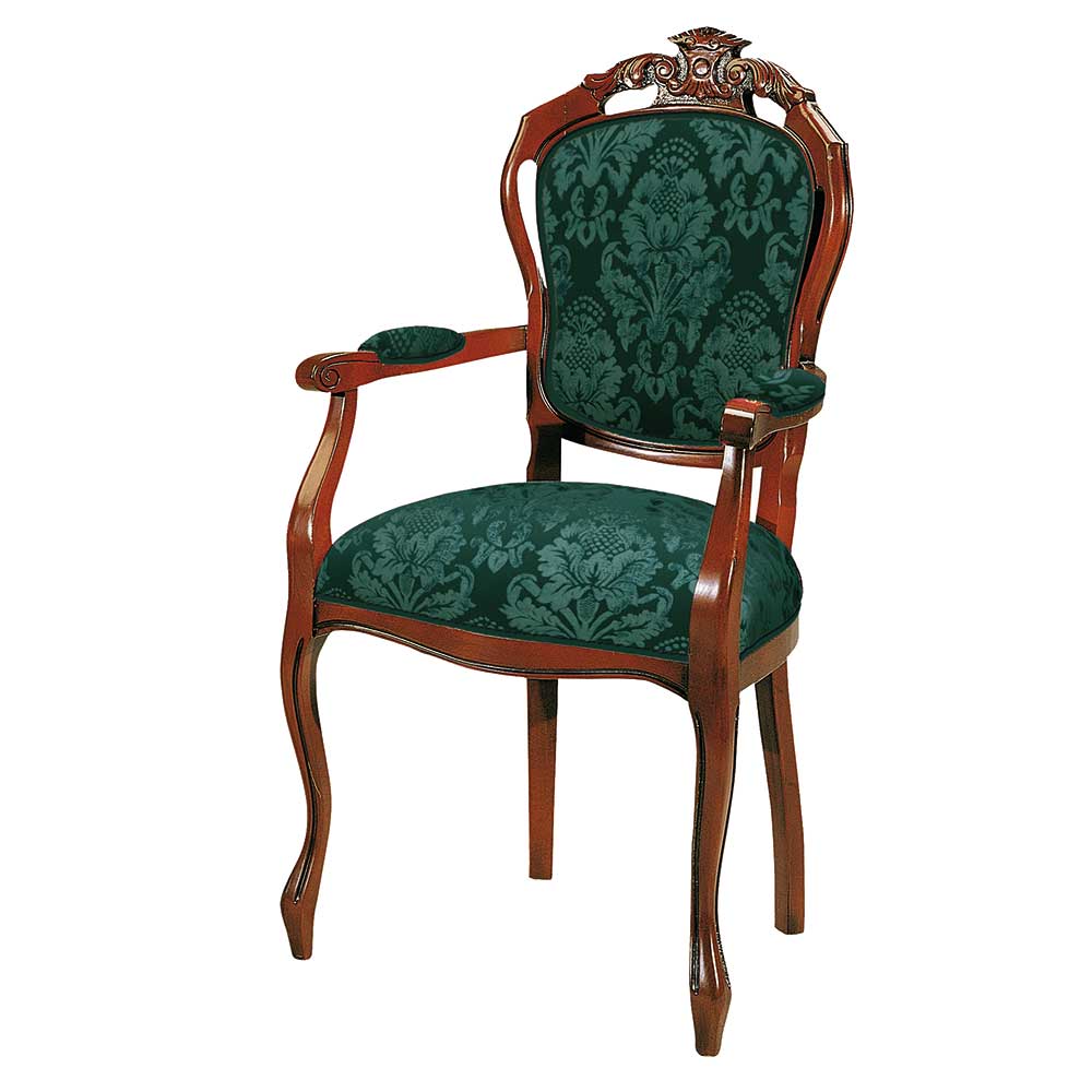 Klassischer Barock Esszimmerstuhl mit Armlehnen, dunklem Holzgestell und floral gemustertem Grünbezug – Vennezo