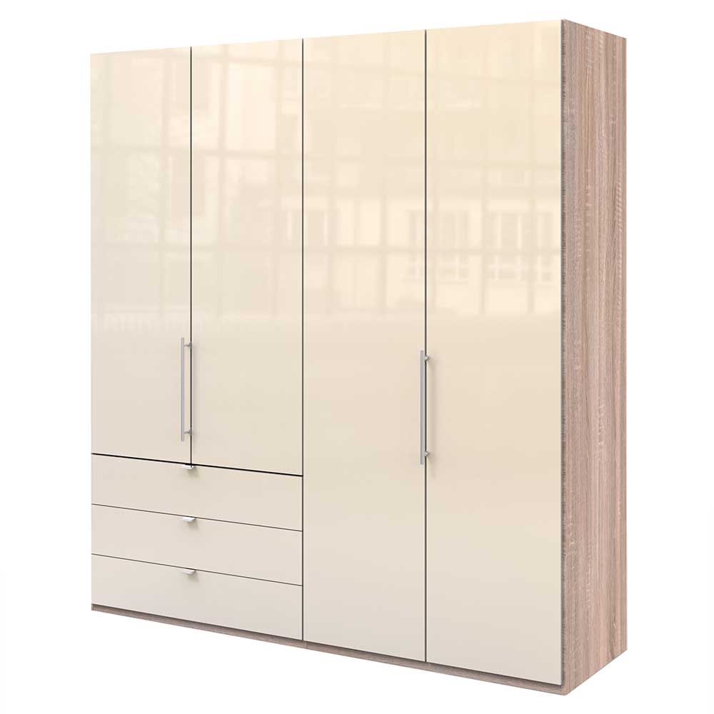 Geräumiger Kleiderschrank 200cm breit in Creme Glas mit heller Holzoptik – Rativian