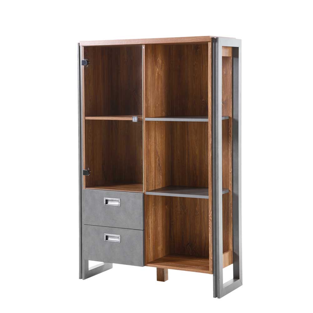 Modernes Loft Design Highboard in Eiche dunkel mit Glas und praktischen Schubladen – Rompira