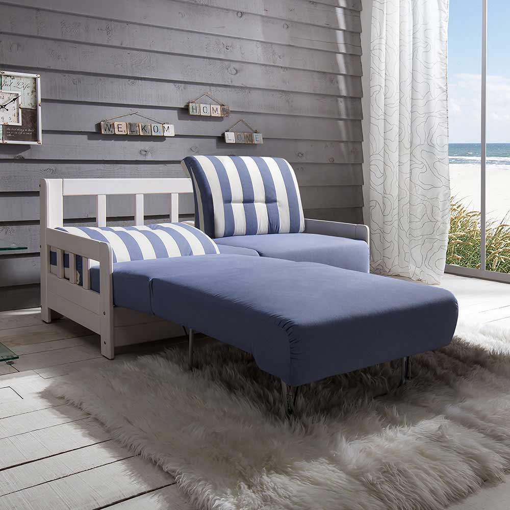 Ausziehbare Schlafcouch als Sessel mit Fußteil in Blau-Weiß gestreiftem Design – Salvador