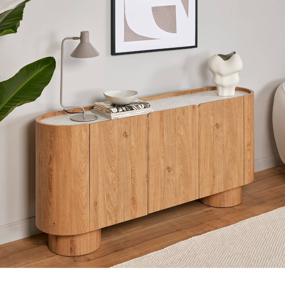 Ovales Sideboard in Eiche Optik & Weiß - Ascalwa