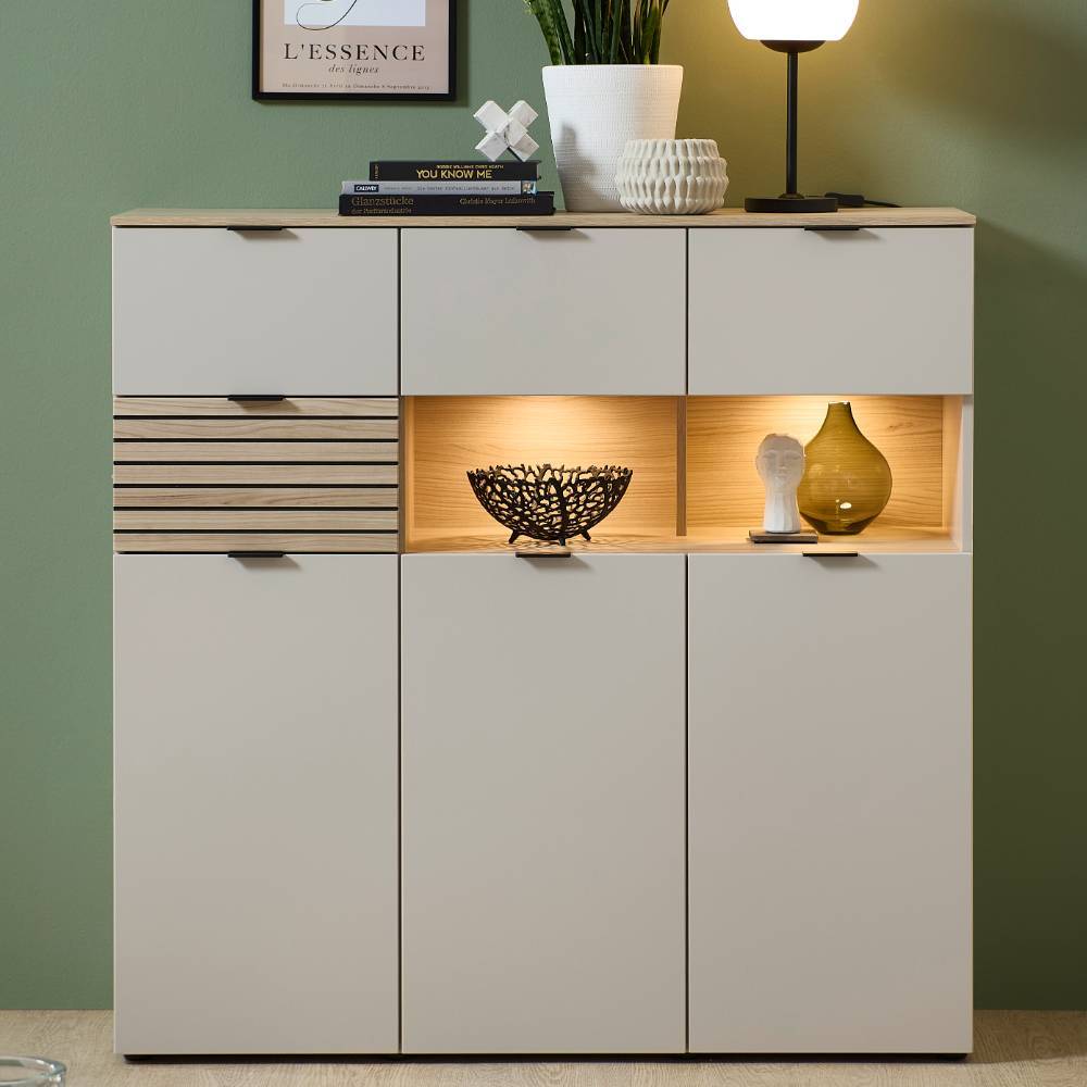 Breites Highboard in Hellgrau und Eiche Hell - Rovigo