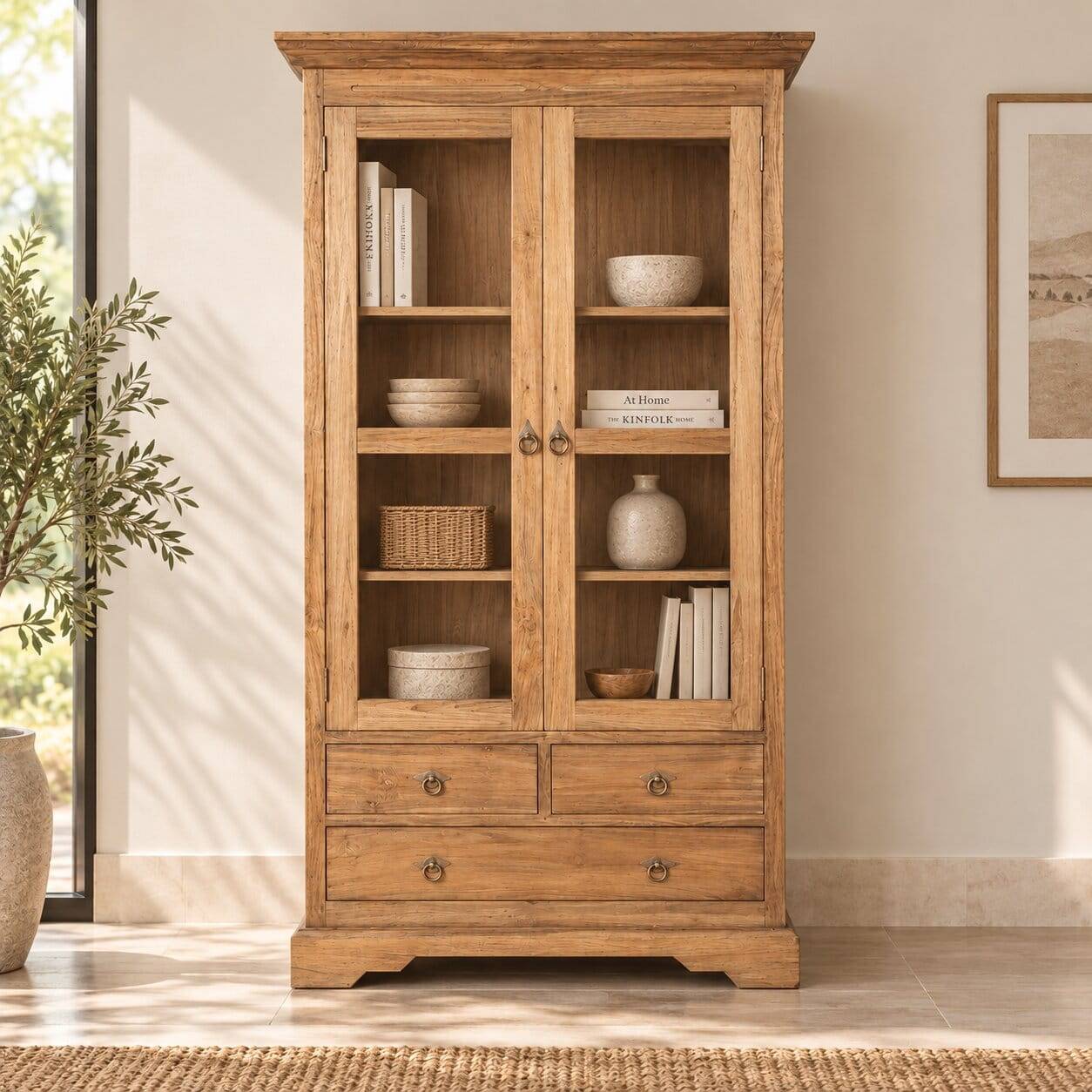 Teakholz Vitrinenschrank Mangato im Landhausstil