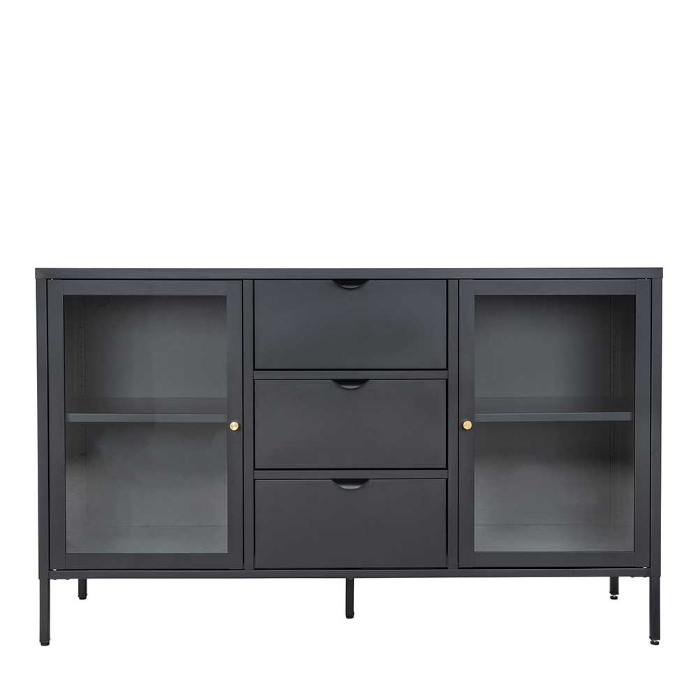 Modernes schwarzes Sideboard mit drei Schubladen und zwei Glastüren – Tirmanus