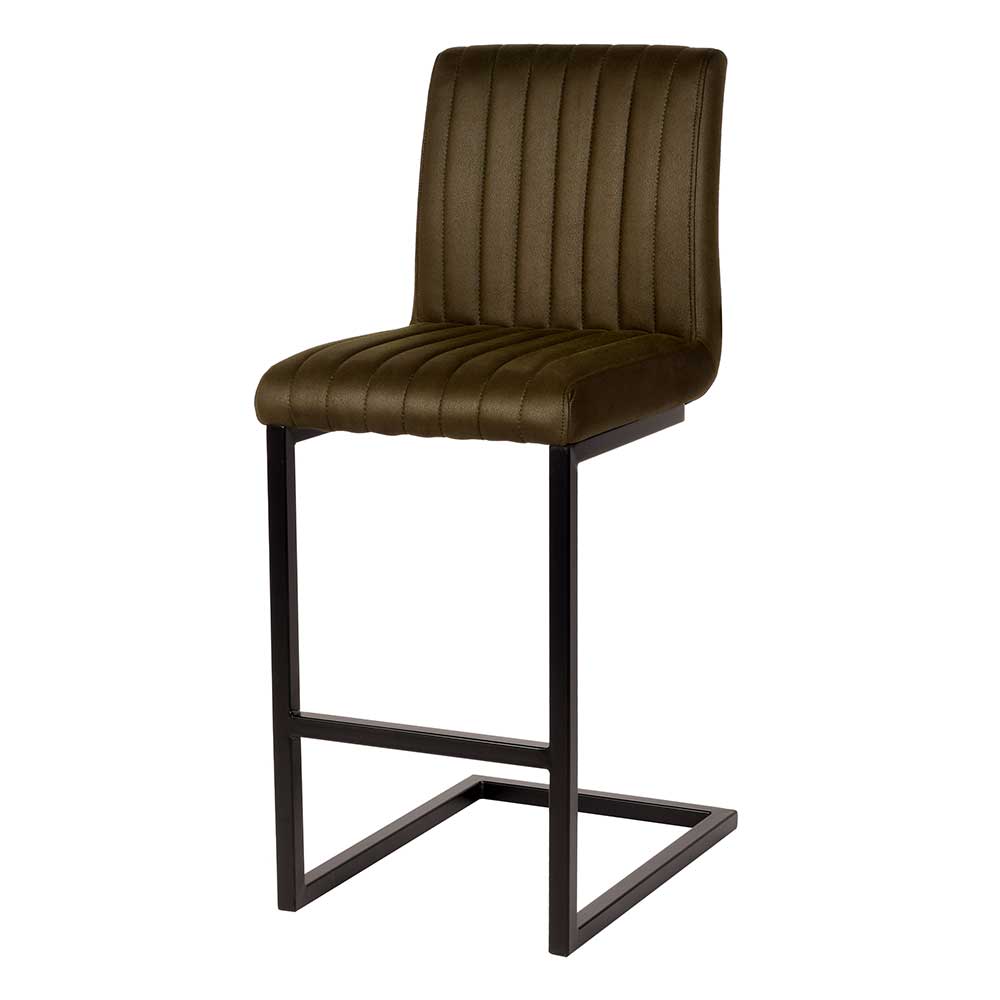 Eleganter Barstuhl im 2er Set in Oliv Grün mit Microfaserbezug und schwarzem Metallfuß – Lnyza