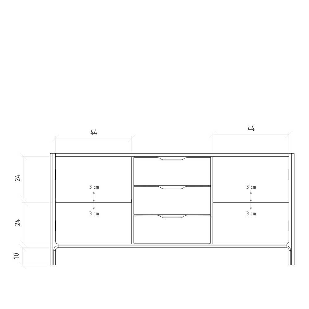 Maßzeichnung des Massivholz-Sideboards mit allen wichtigen Abmessungen und Details – Laida