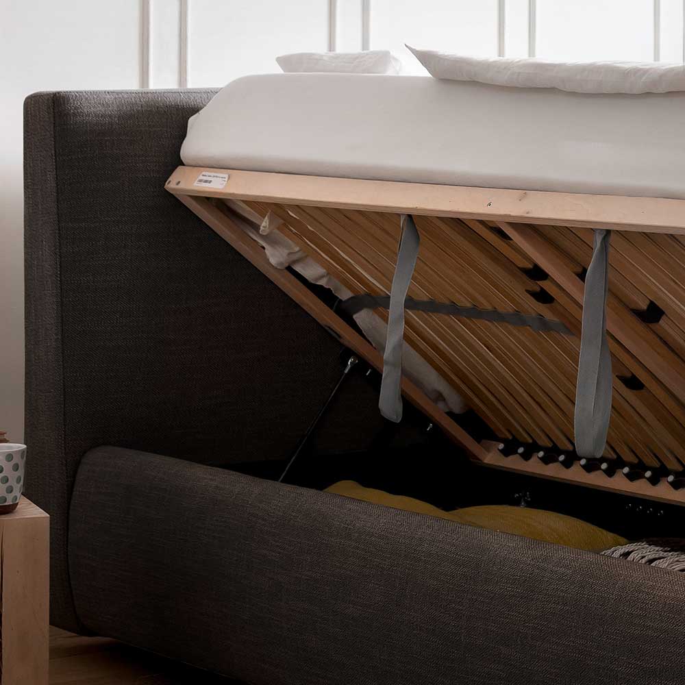 Graues Polsterbett mit Bettkasten - Lecentra