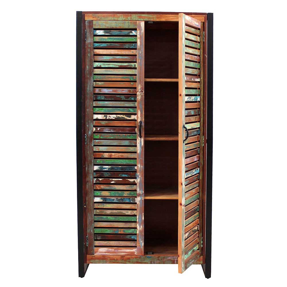 Shabby Chic Hochschrank mit offenen Lamellentüren, bunten Fronten und zwei Einlegeböden – Vosbadus