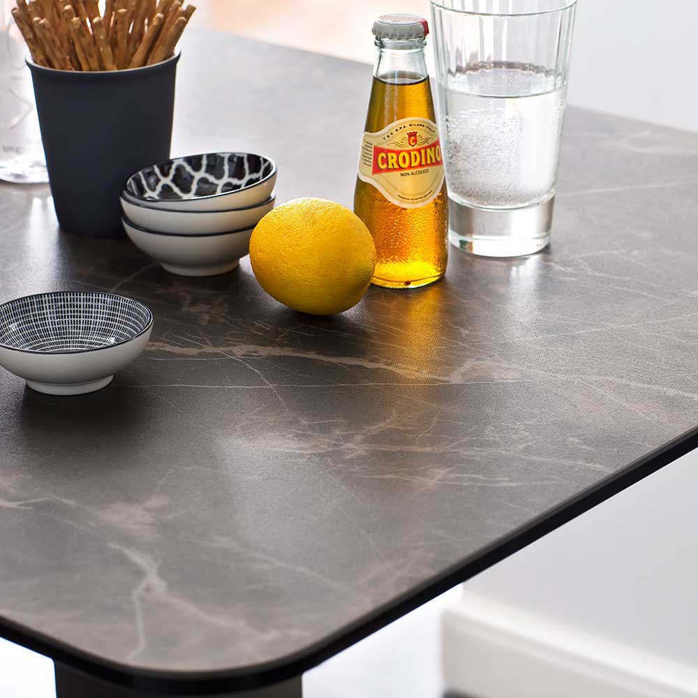 Stehtisch mit Keramik Glasplatte in Marmor Optik Braun Menoria & Edelstahl