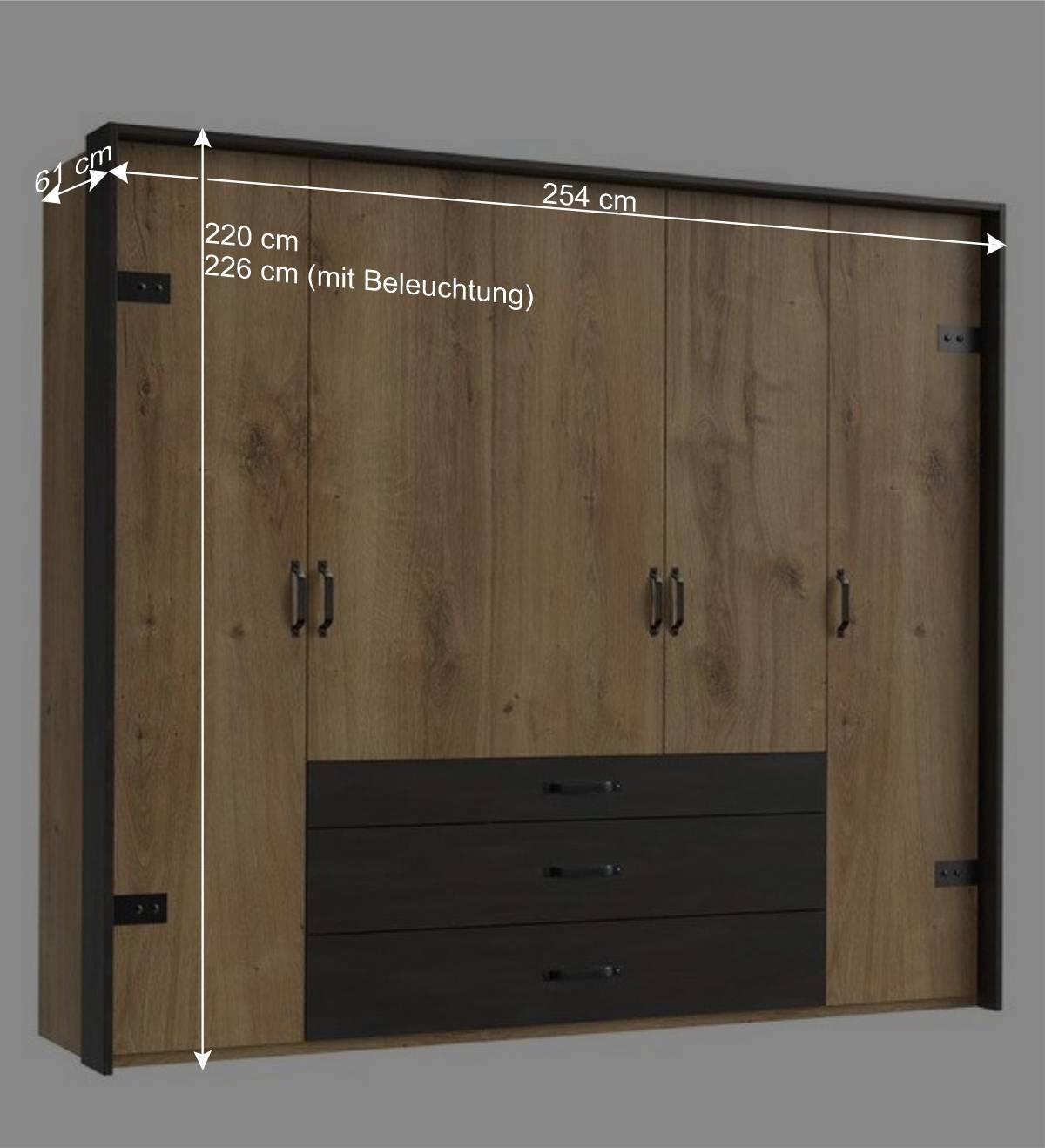 Schlafzimmer in Plankeneiche & Schwarzgrau - Bram (vierteilig)