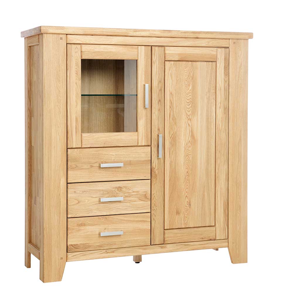 Elegantes Eichenholz Highboard mit einer Glastür, einer Holztür und drei praktischen Schubladen – Miarizia