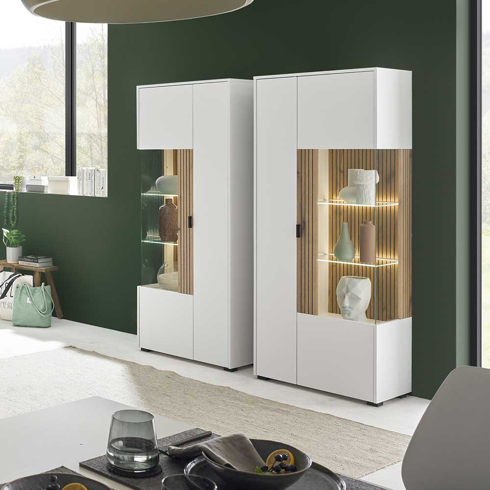 Moderner Wohnzimmer-Vitrinenschrank in Weiß mit Holz und beleuchteter Glasvitrine – Nenaloro