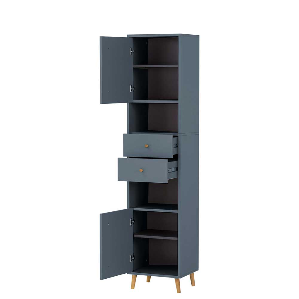 Badezimmer Hochschrank in Petrol Blau & Eiche - Matrera