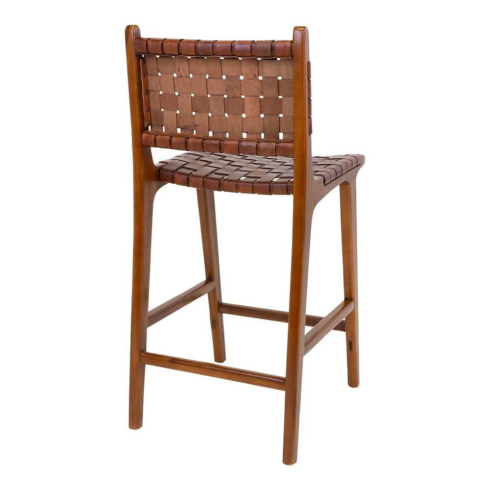 Barhocker mit braunem Ledergeflecht und robustem Holzgestell von hinten – Nufreda