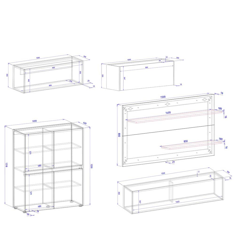 Funktionelle Wohnwand Möbel - Ahilav (fünfteilig)
