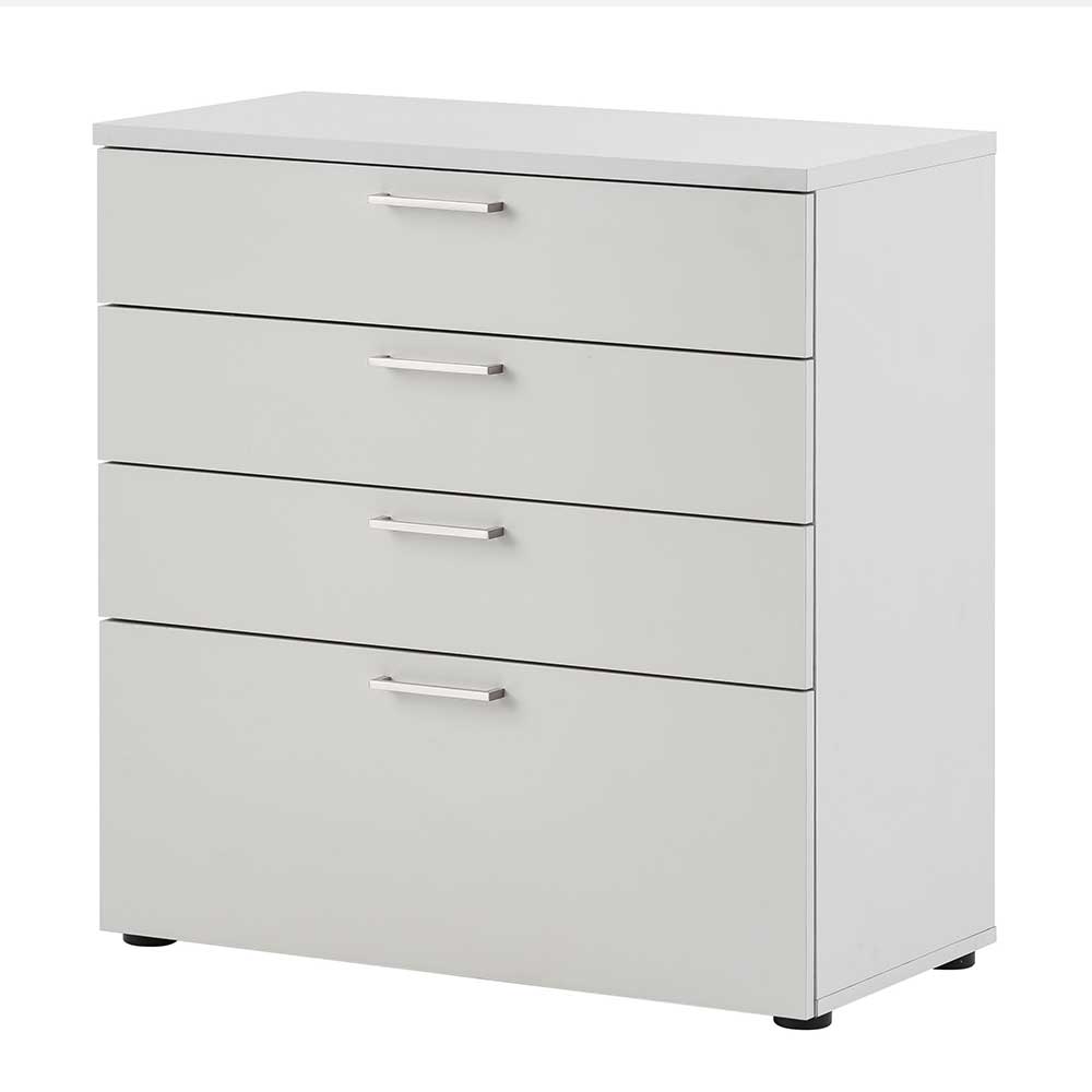Elegante lichtgraue Bürokommode mit vier geschlossenen Schubladen und silbernen Griffen – Bowsla
