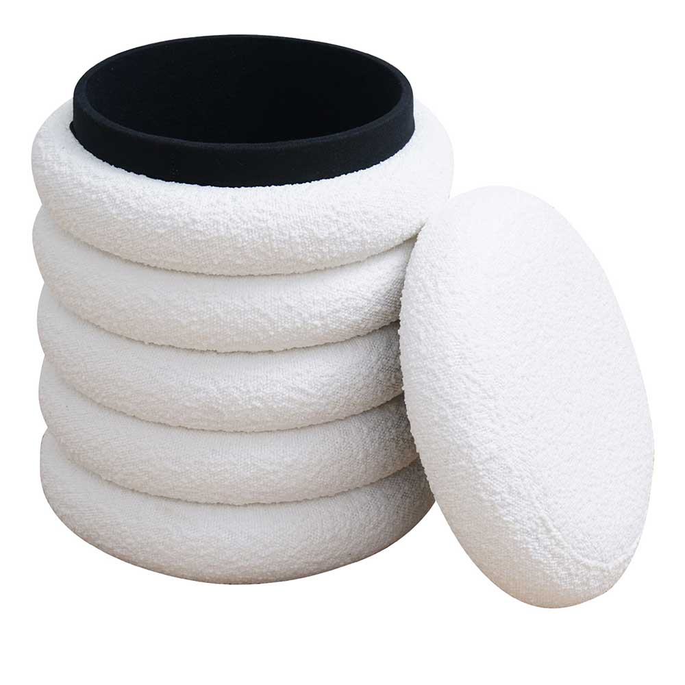 Modulare weiße runde Boucle Hocker mit schwarzem Stauraum und separatem Deckel – Francara