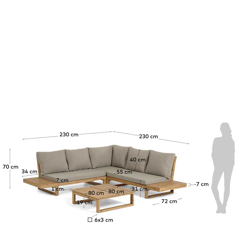 Garten Ecksofa und Couchtisch aus Akazie Maße und Abmessungen – Captino
