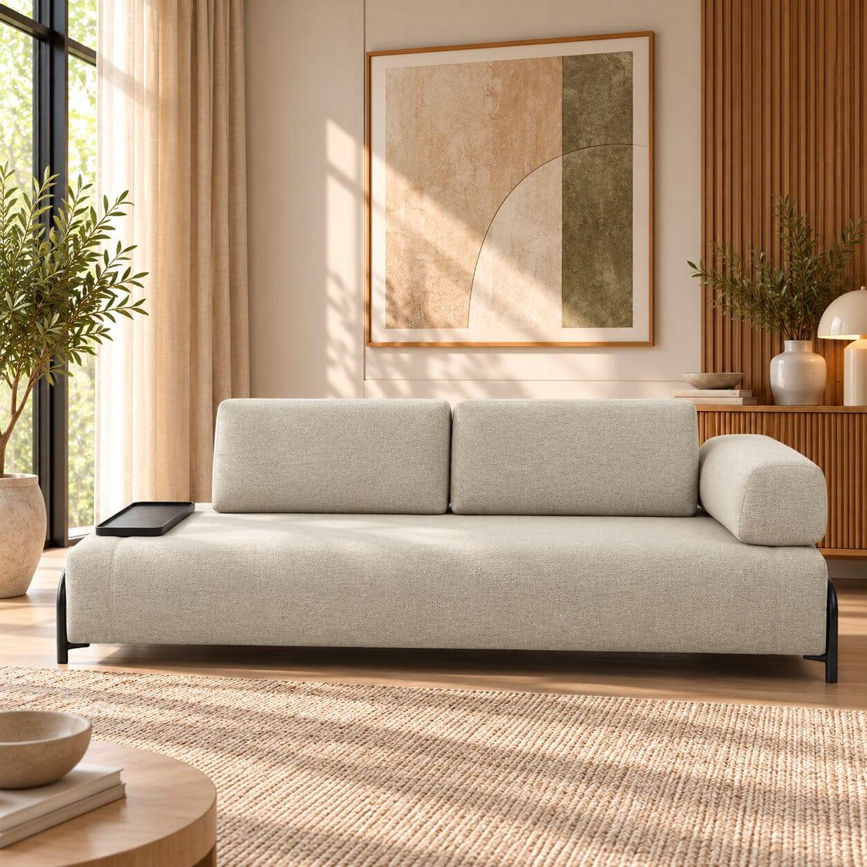 Beigefarbene Zweisitzer Couch mit Anstelltisch - Curacao