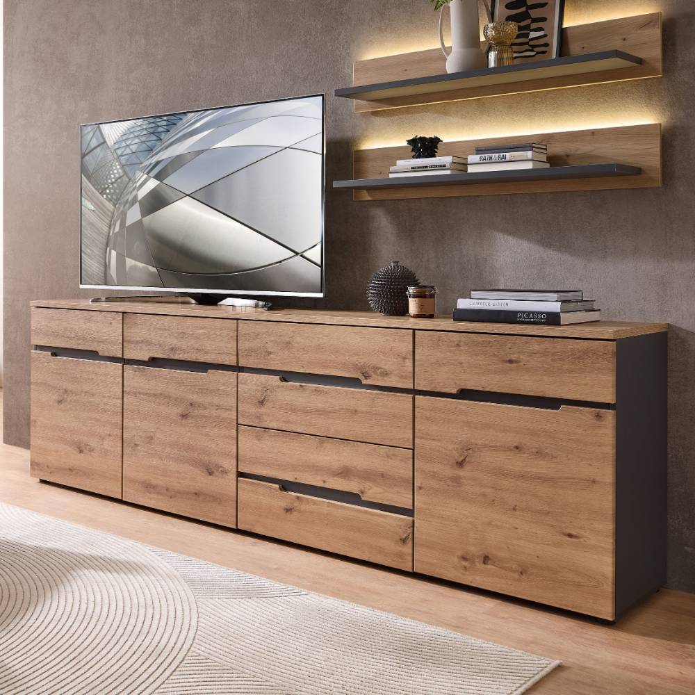 TV Unterschrank in Wildeiche Optik mit Dunkelgrau - Patania