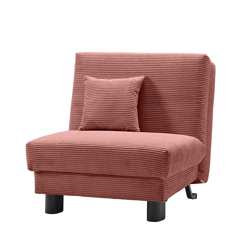 Roter Cord Schlafsessel mit Bettfunktion und passendem Zierkissen – Isakin