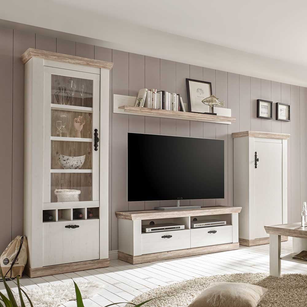 Vierteilige Landhaus Wohnzimmerkombination in Weiß mit Vitrine, TV-Möbel und Regal – Nedita