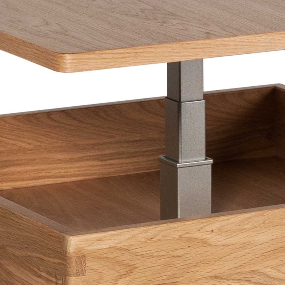 Höhenverstellbarer Mechanismus und Innenbereich des Couchtisches aus Wildeiche – Scolava
