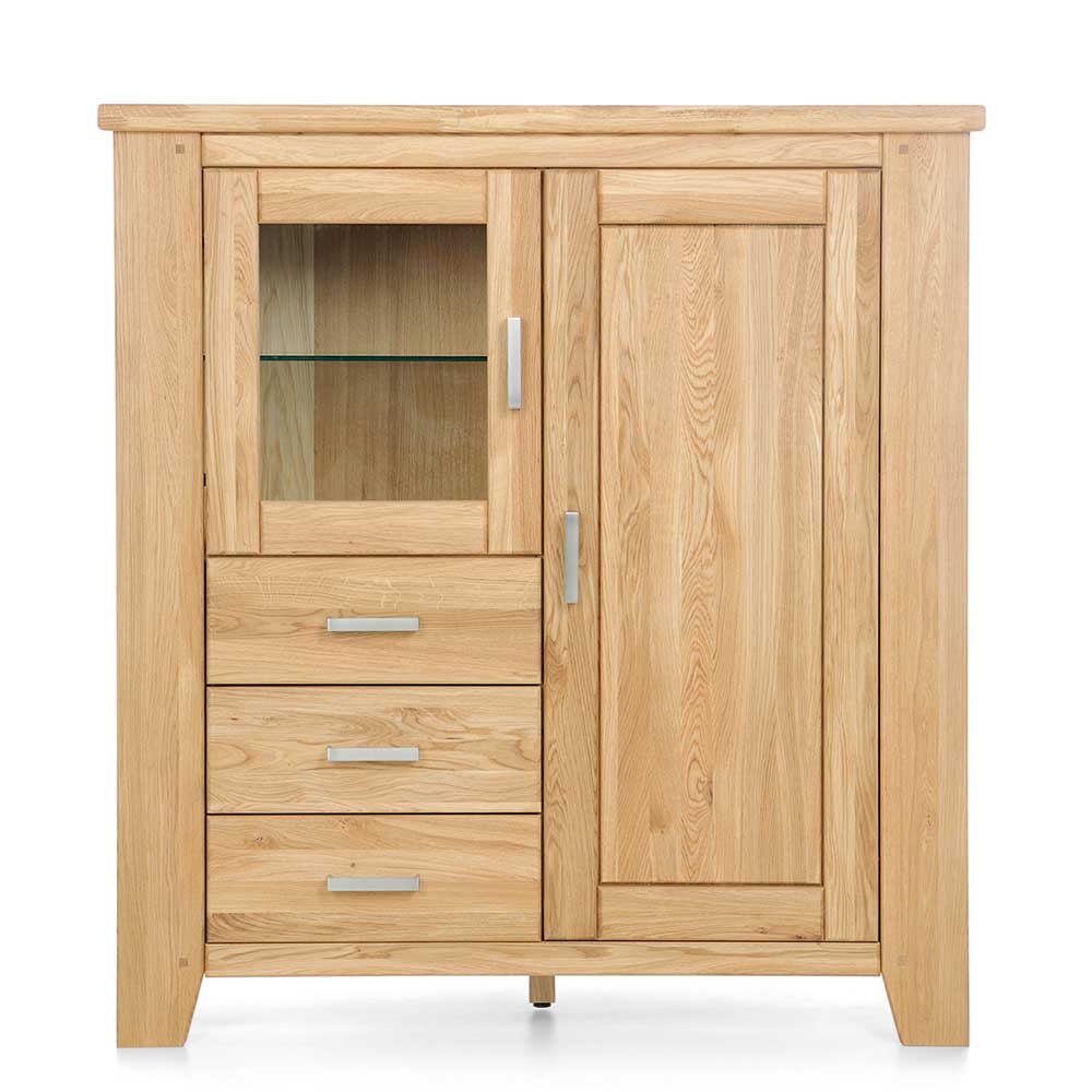 Massives Eiche Highboard mit einer Glastür, einer Holztür und drei Schubladen für das Wohnzimmer – Miarizia