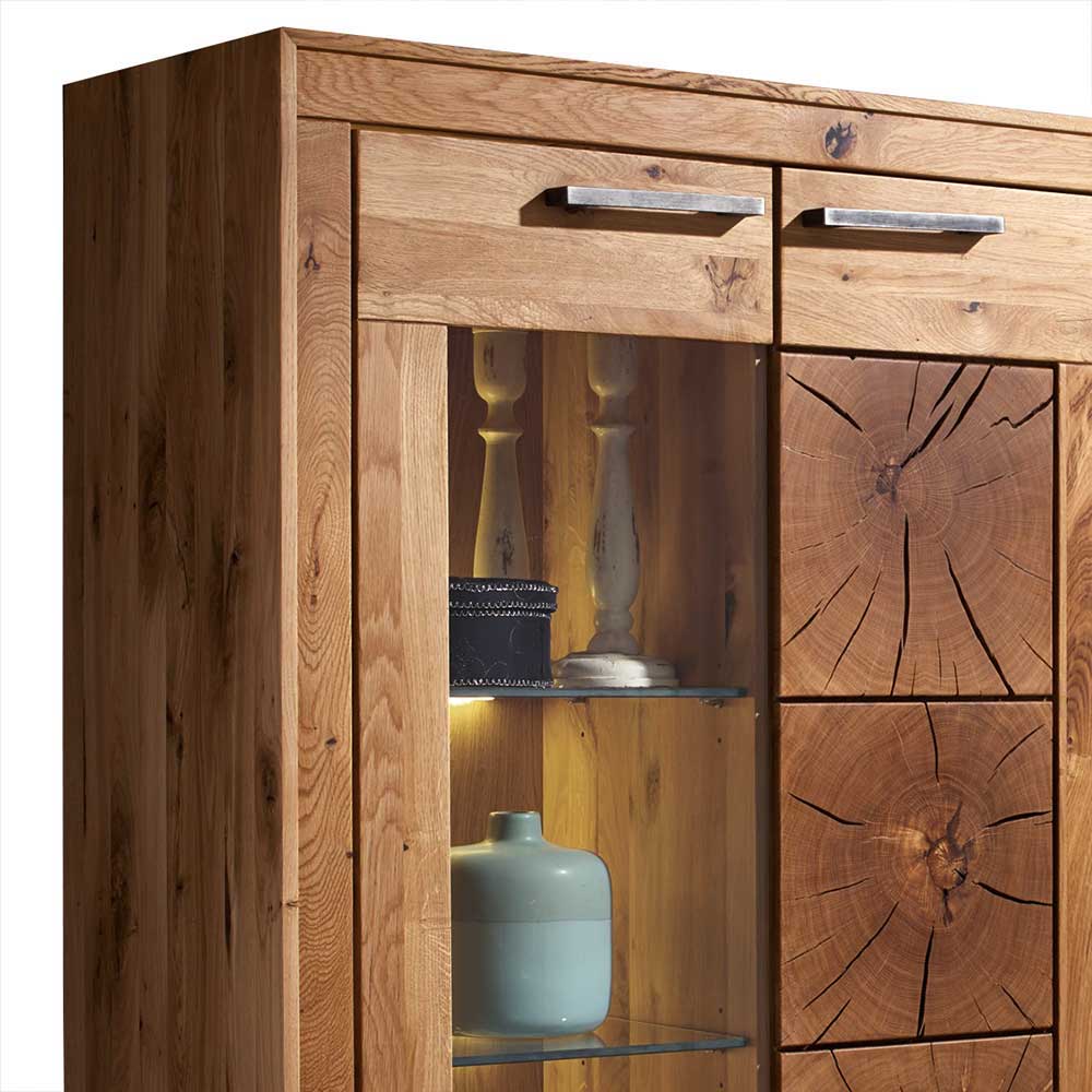Wildeiche Highboard Troncon mit Glas Einsatz
