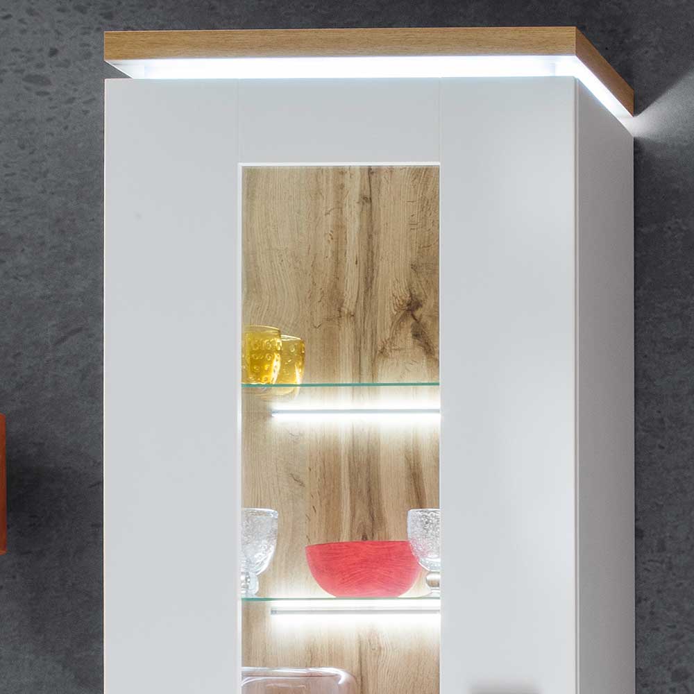 Obere Sektion der beleuchteten Vitrine mit Glasfront und Holzdekor, gefüllt – Caldri