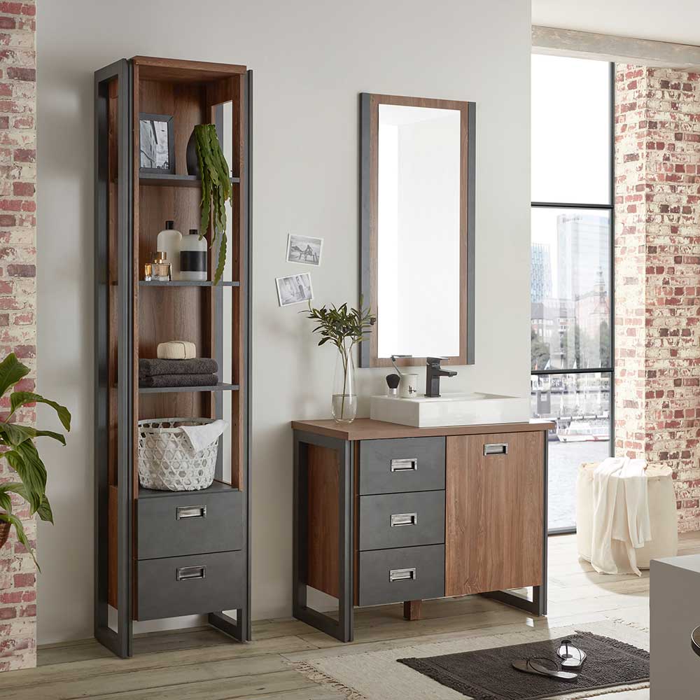 Dreiteiliges Badmöbel Set im Industry und Loft Stil mit Waschtisch, Hochschrank und Spiegel – Forawas