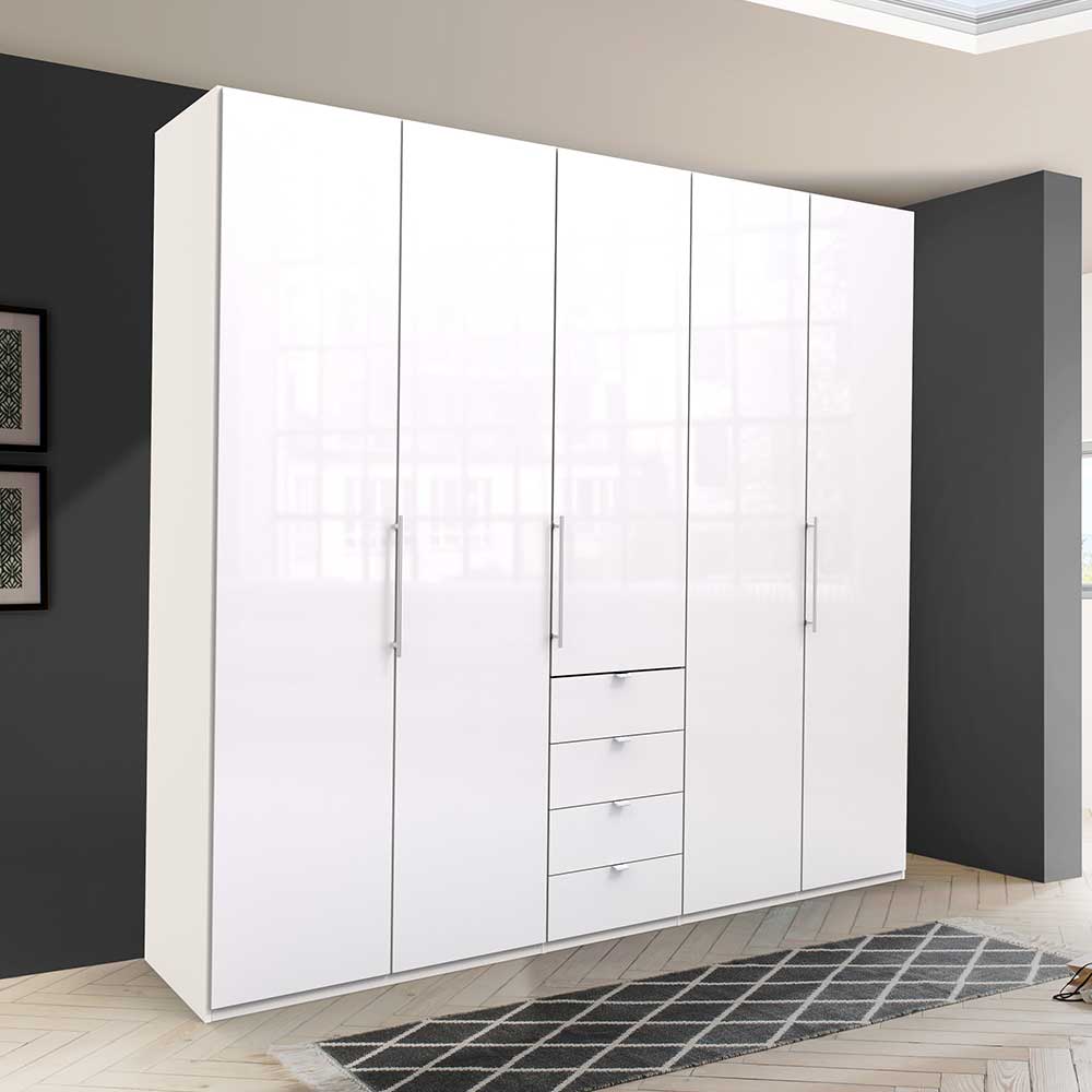 Großer weißer Schlafzimmerschrank mit Hochglanz-Glasfronten, sechs Türen und vier Schubladen – Dolienca
