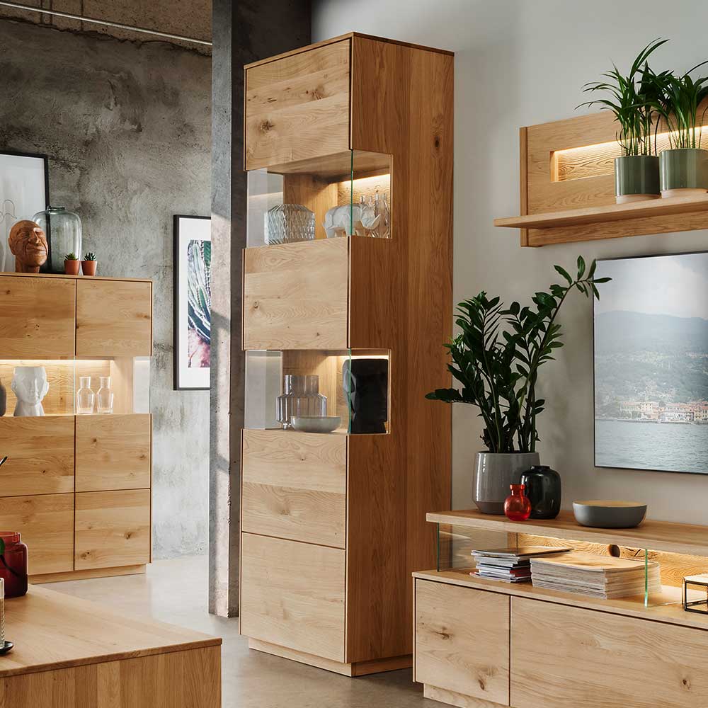 63x208x44 Wohnzimmer Vitrine aus Wildeiche massiv - Obinson