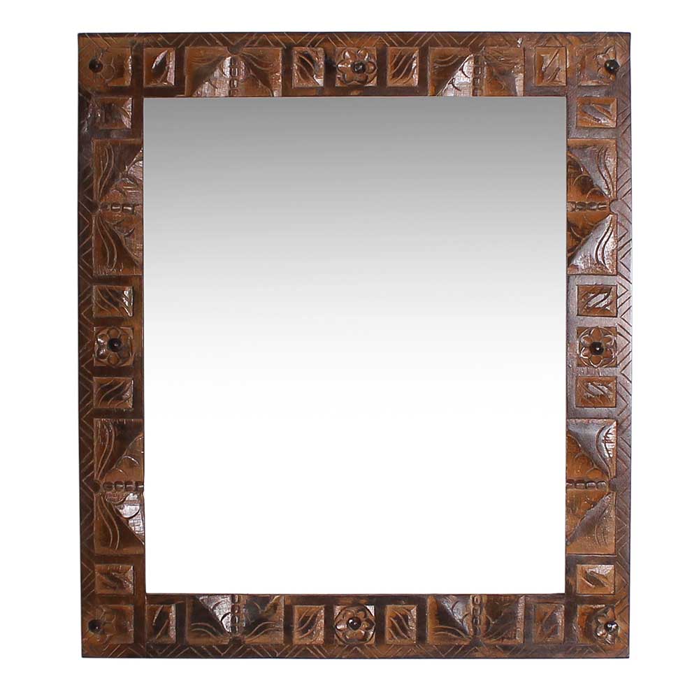Quadratischer Wandspiegel mit kunstvoll geschnitztem dunklem Holzrahmen im Kolonialstil – Solapura