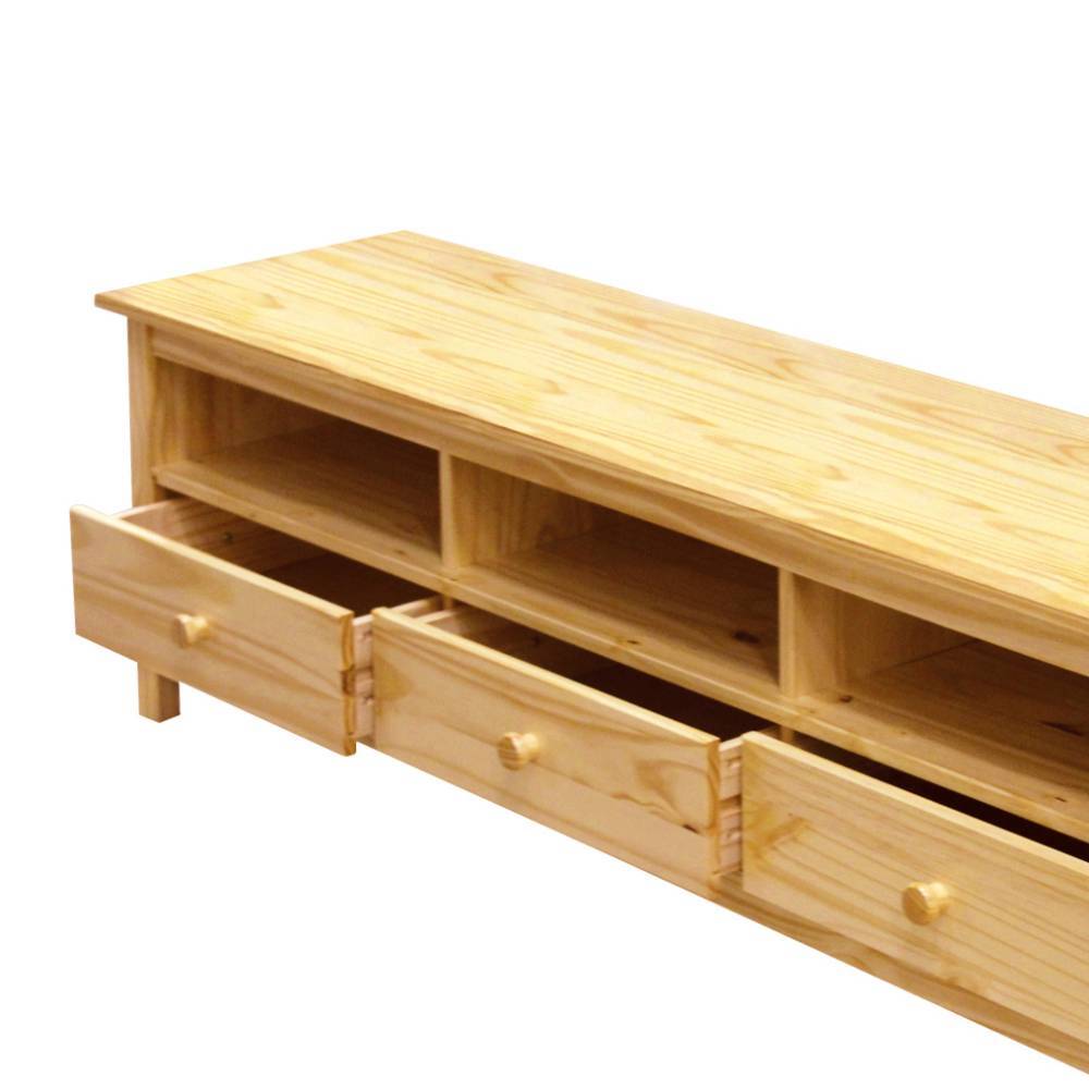 TV Möbel aus Massivholz Kiefer mit offenen Fächern und seitlich geöffneten Schubladen – Ekorena