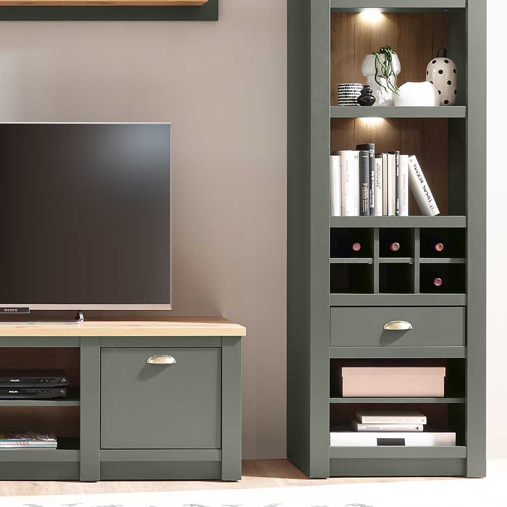 Media-Center bestehend aus TV-Unterschrank und hohem Bücherregal in dunklem Graugrün – Eylan