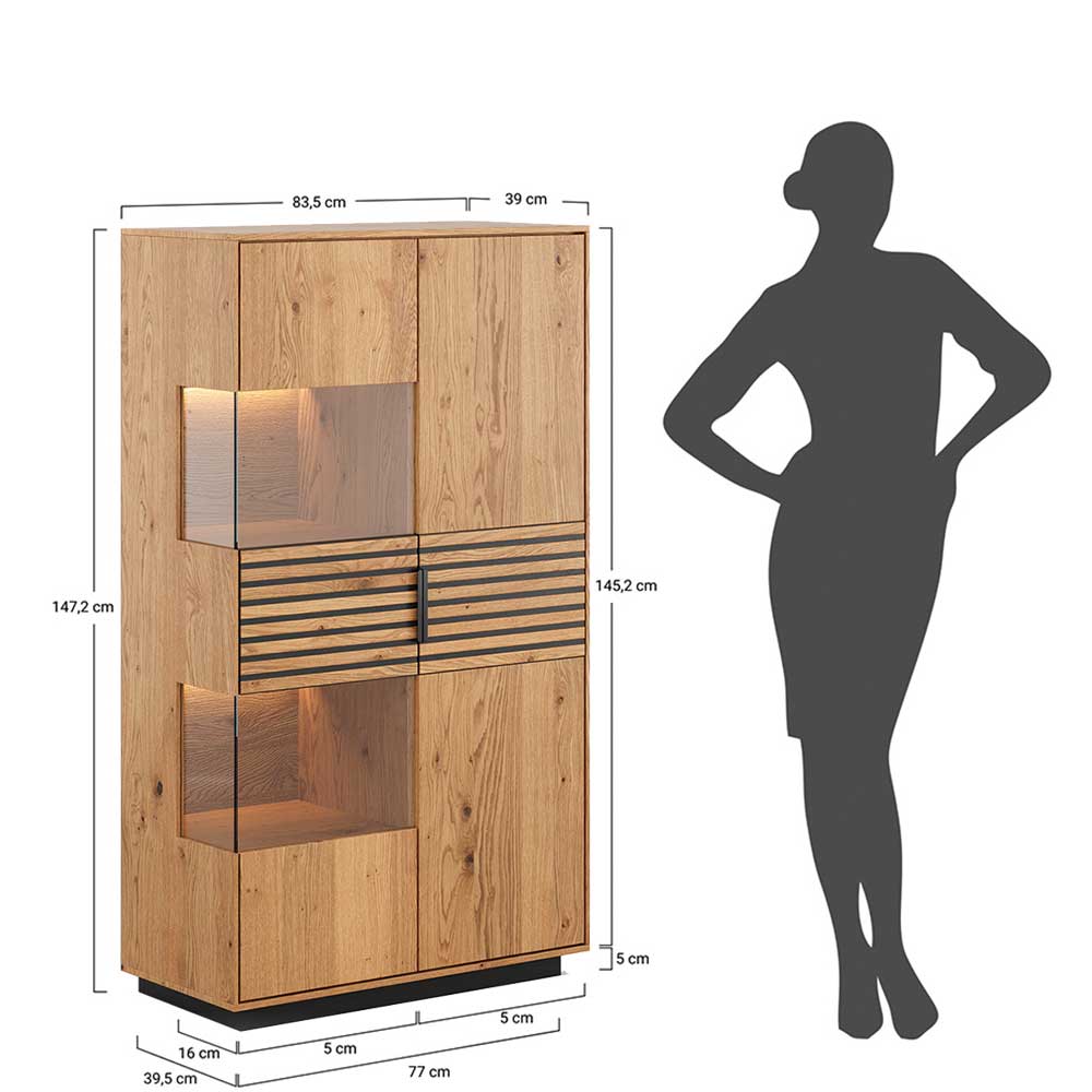 Massivholz Vitrine in Eiche mit Schwarz - Eribella
