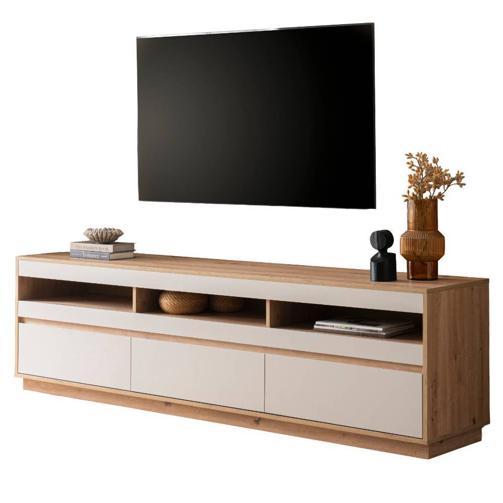 Modernes Wohnzimmer Lowboard in Wildeiche Holzoptik mit hellen Schubladenfronten und offenen Fächern – Spain