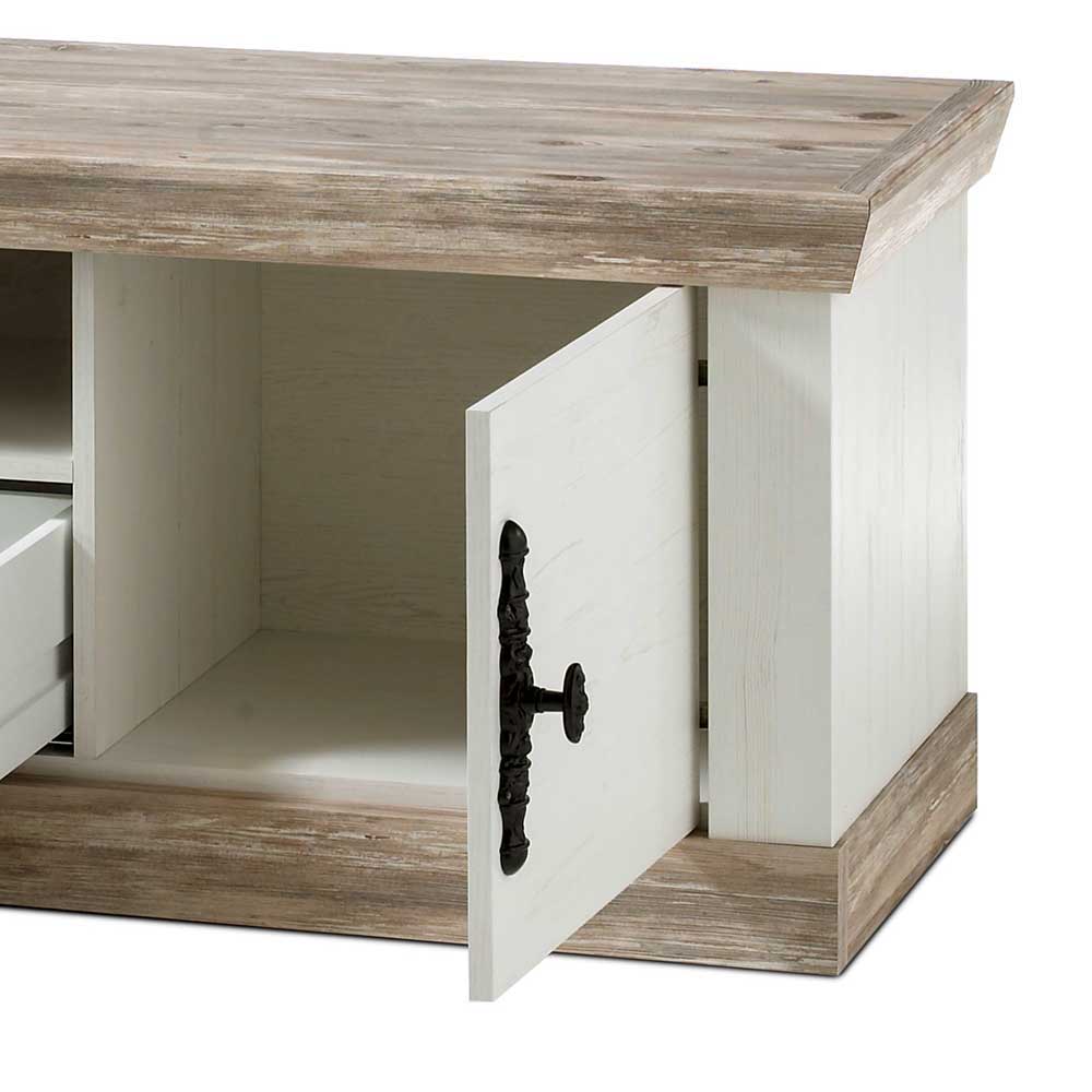Landhaus TV Board in Weiß & Pinie Shabby Nedita 156 cm breit