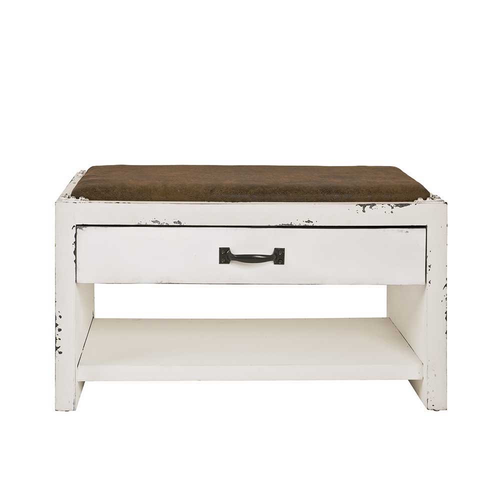 Shabby Chic Bank in Weiß mit braunem Polster, Schublade und offener Ablage für den Flur – Beat