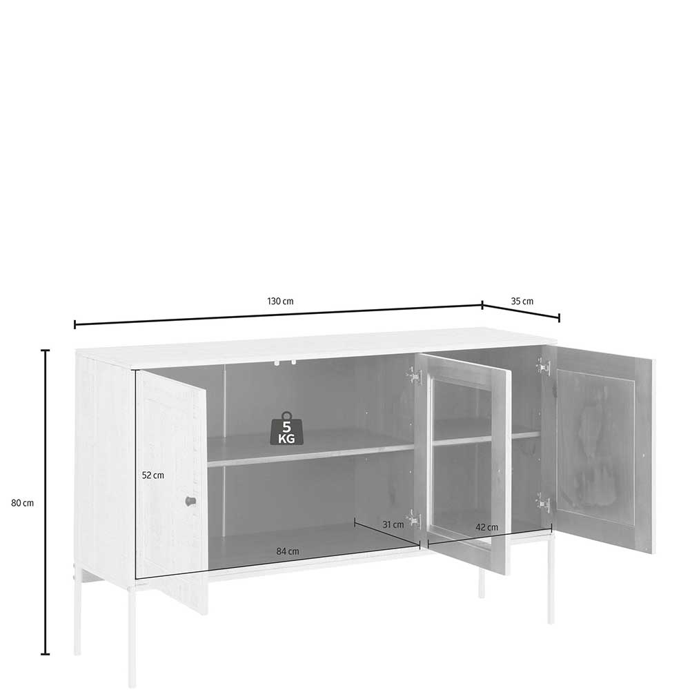 Offenes weißes Kiefernholz Sideboard mit Glastür und detaillierten Maßen für Wohnzimmer – Ejeliva