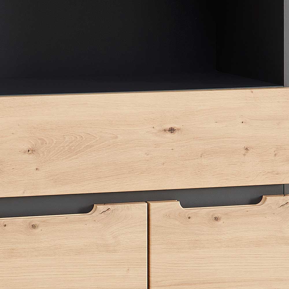 Frontansicht des Büroschranks mit geschlossener Schublade und zwei Türen in heller Holzoptik und dunklem Korpus – Kuetra