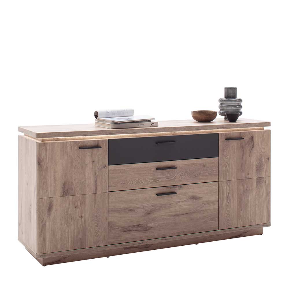 Modernes Sideboard aus Holzdekor mit dunklen Schubladen und LED Beleuchtung – Bekunion