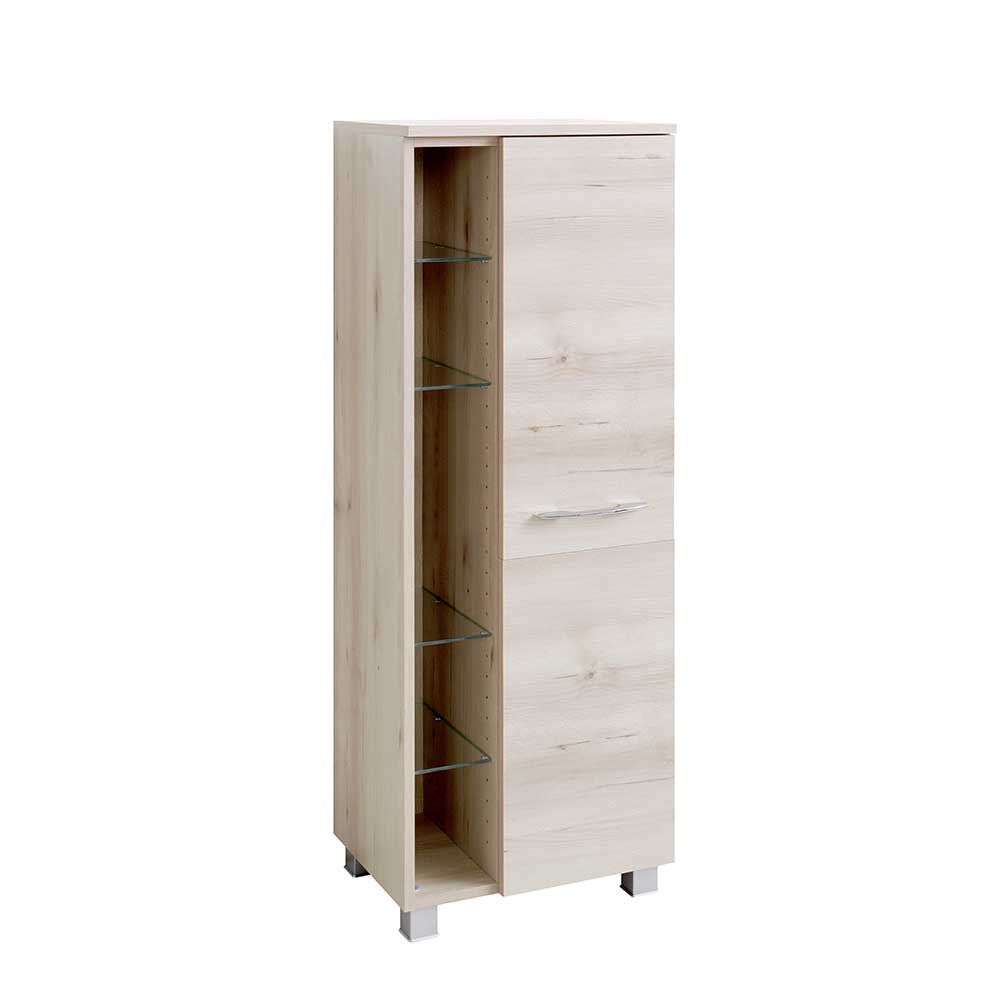 Eleganter Badezimmer Hochschrank geschlossen in Buchefarben mit Griff – Mabeca