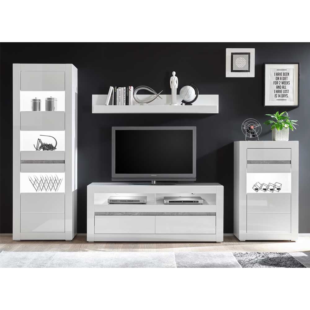 Weiße Hochglanzmöbel für das Wohnzimmer Mextra optional mit LED (vierteilig)
