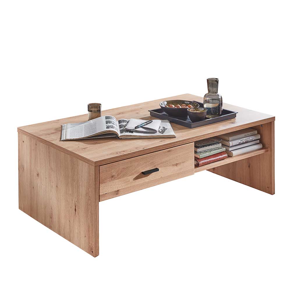 Rechteckiger Couchtisch aus teilmassivem Holz mit Schublade und offenem Fach – Mattadore