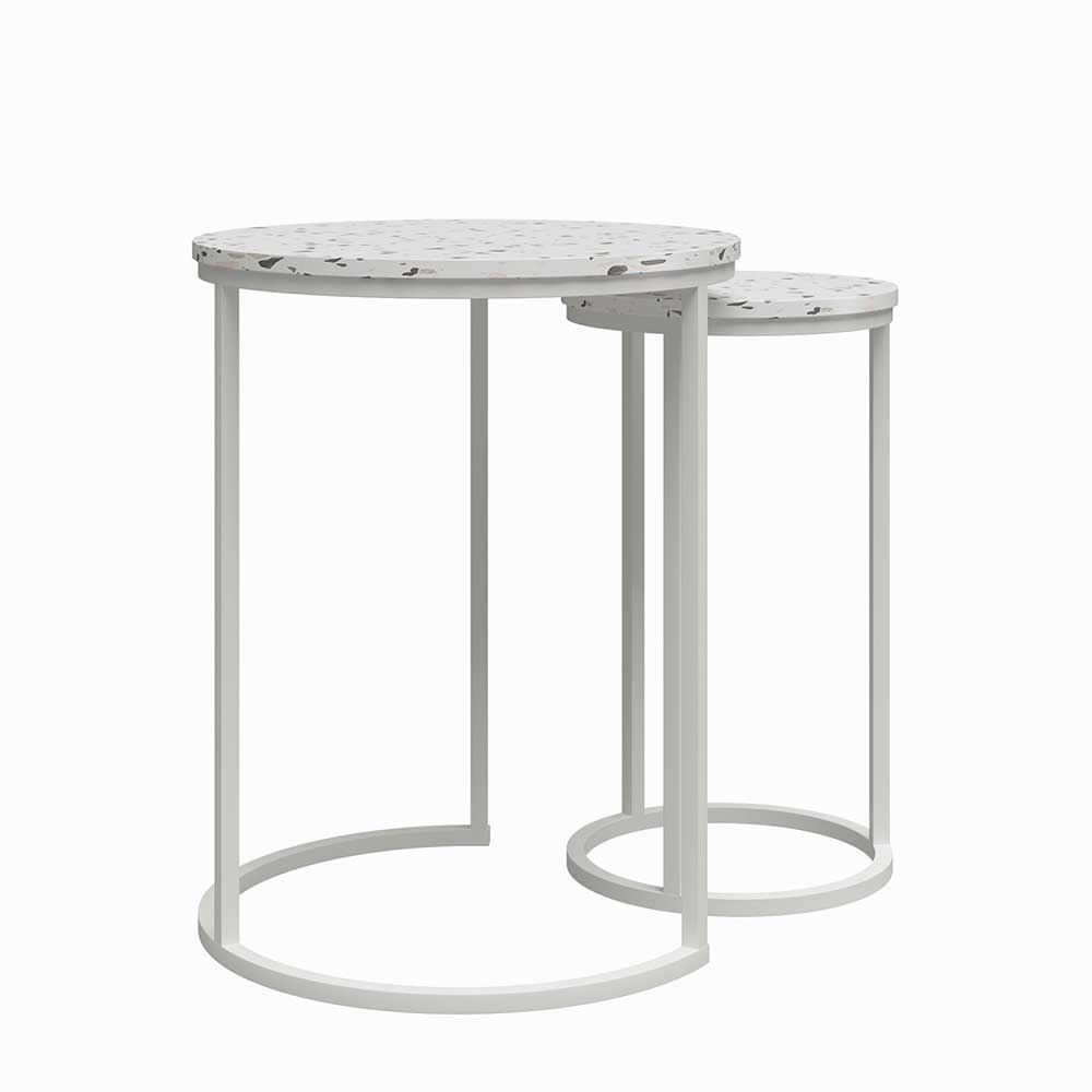 Zweiteiliges Set runder Beistelltische mit Terrazzo Optik und weißem Metallgestell – Genns