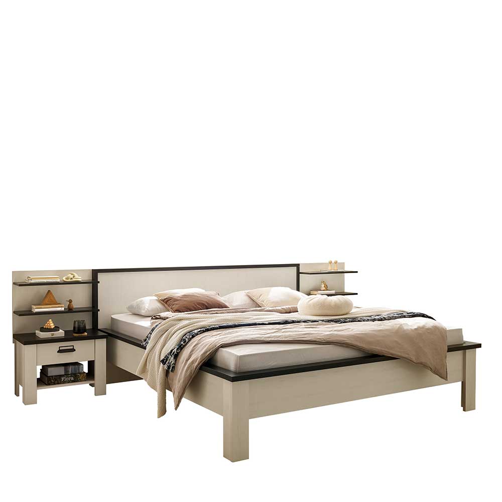 Modernes dreiteiliges Doppelbett Set in Weiß und Anthrazit mit Nachttisch und Wandregalen – Tramos
